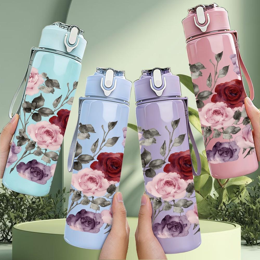 1PC Dusty Rose Mixed Flower Print 750ml Color Plastic Sports Water Bottle Leakproof Flip Straw Lid Suitable for Sports Office Home Use