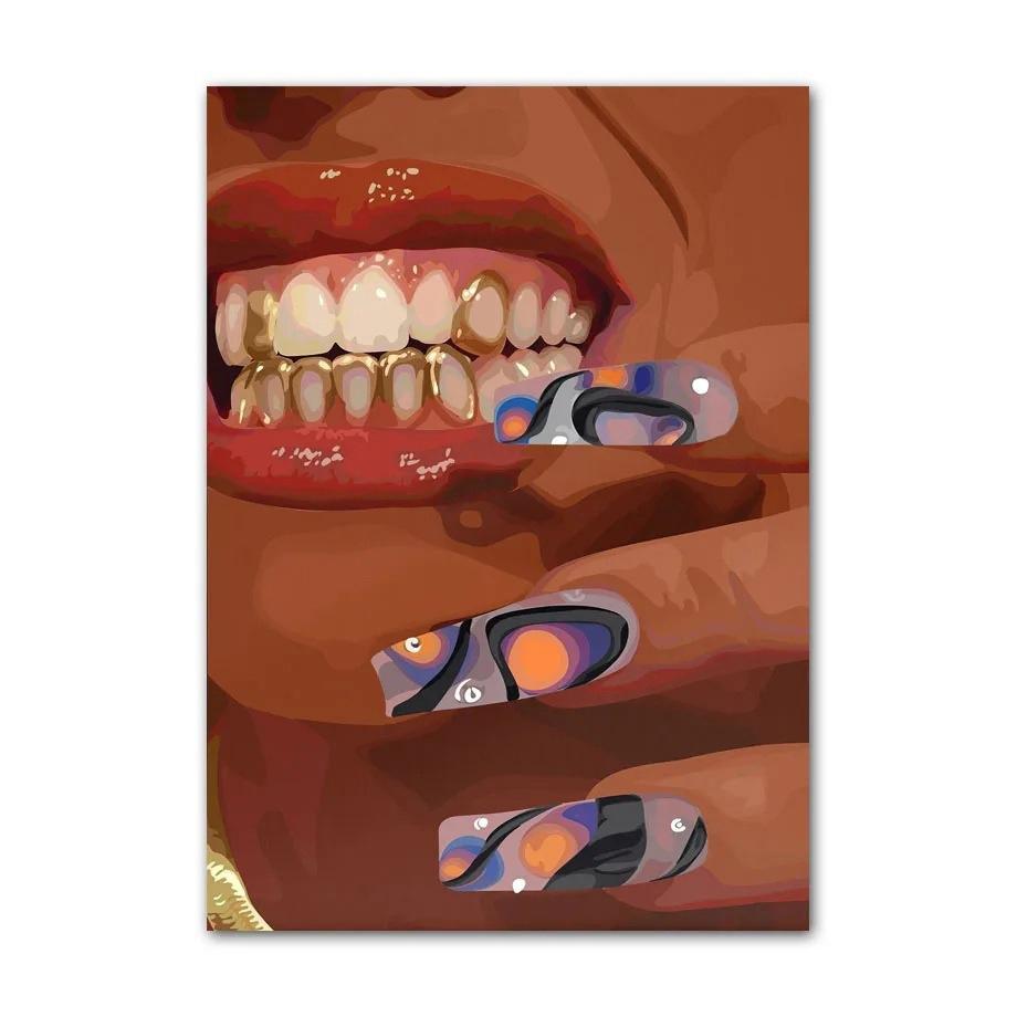 Черное искусство Мода Хип-хоп Девушка Маникюр Ювелирные изделия Губы Постер Африканская Черная Женщина Красивые Ногти Живопись Картинки Гостиная Салон Красоты Декор