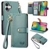 For iPhone 16 Case RFID Blocking Zipper Pocket Leather Wallet Phone Cover - Black