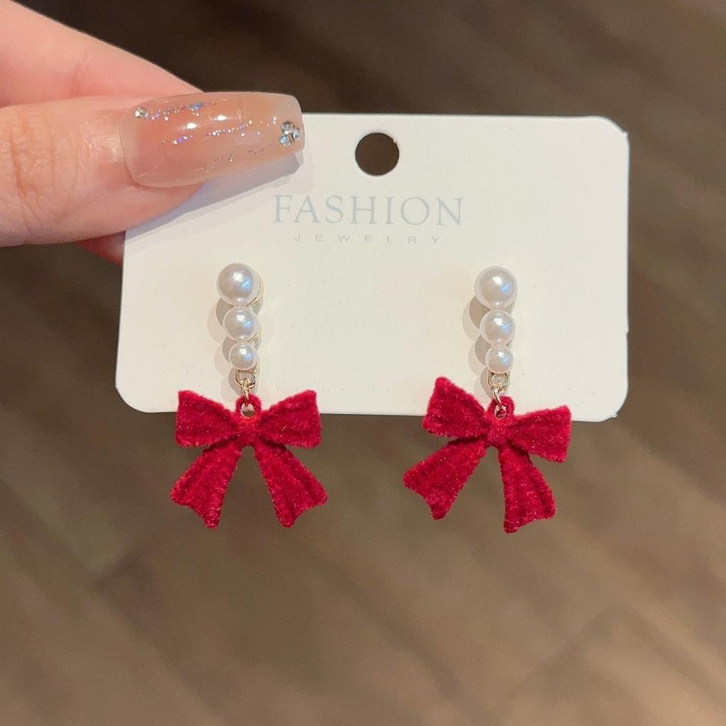 Простые красные и черные банты из жемчуга, плюшевые, легкие, роскошные, темпераментные, высококачественные серьги-гвоздики