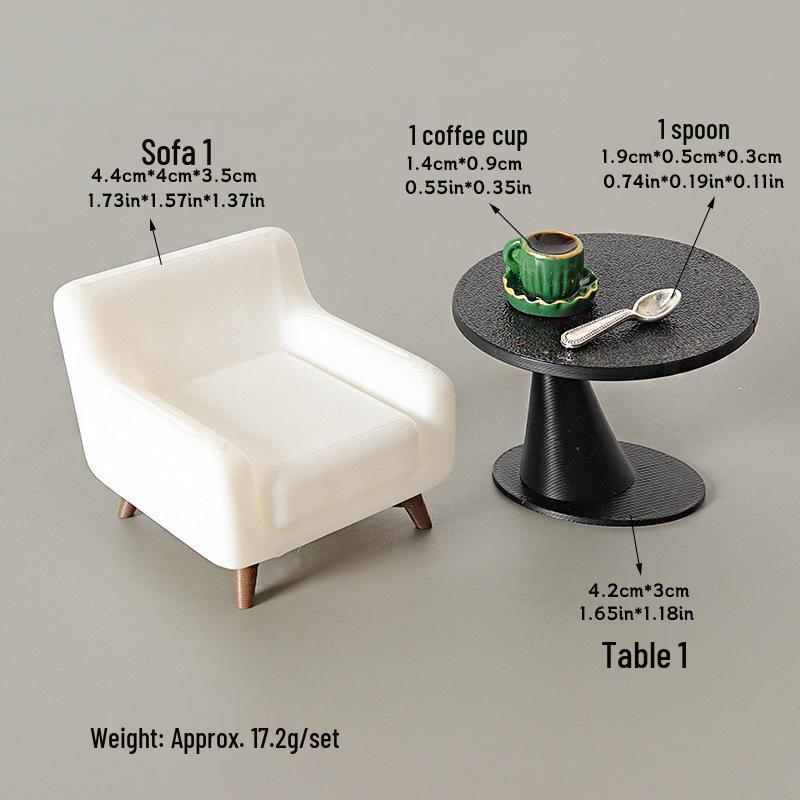 Handmade Mini Dollhouse Table & Sofa Ornament with DIY Coffee Cup & Spoon Accessories