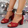 Fashion Comemore 7cm Thick Heeled Shallow Mouth Suede Women Sandals Sexy High Heels Fashion Open-toe Pearl Ankle Buckle Females Sandales