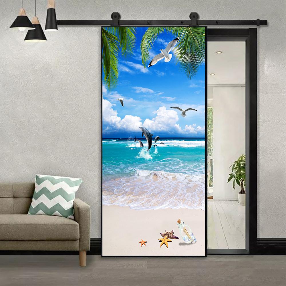Sea View Of The Beach Under The Coconut Tree DIY Door Wall Sticker Home Decor Living Room Self-adhesive Waterproof PVC Wallpaper