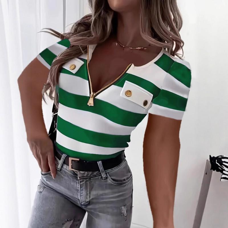 Striped V-Neck Short Sleeve Top Women - Slim Fit Office Chic T-Shirt With Cutout Detail