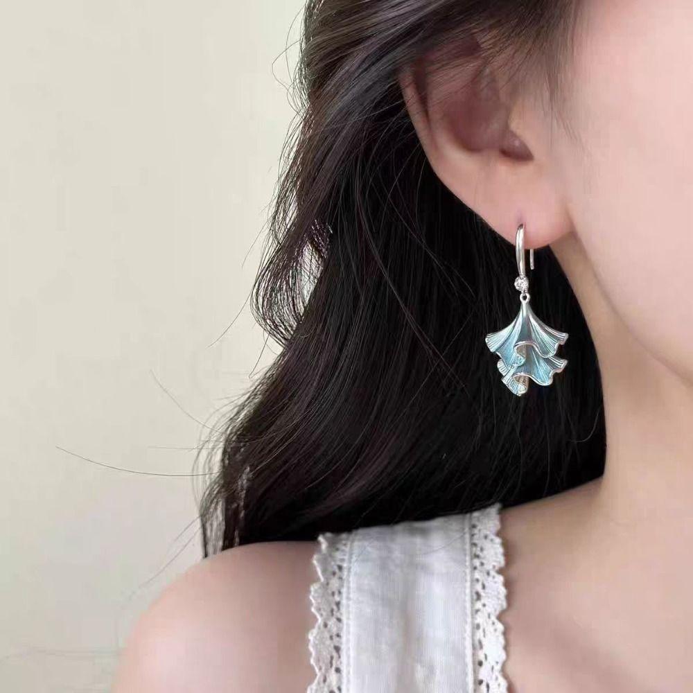 Synthetic Rhinestone Ginkgo Ear Pendant Double-layer Sweet Earrings Jewelry Ginkgo Earrings  Party