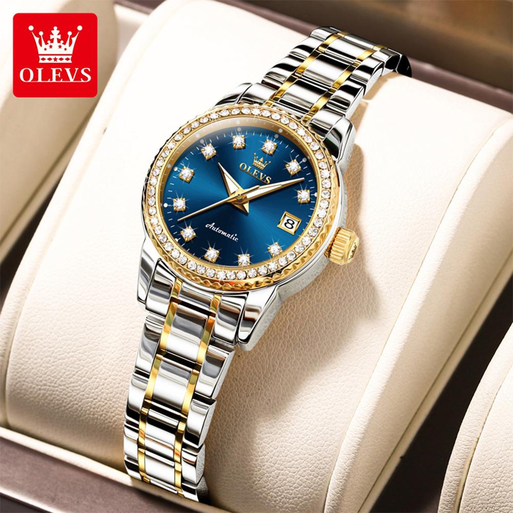 OLEVS 7003 Mechanical Women's Dress Watch Luxury Diamond Dial Calendar Waterproof Luminous Ladies Bracelet Wristwatch Elegant