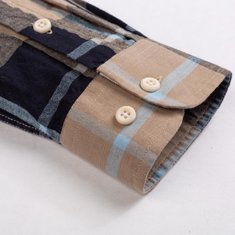 Men's Classic Fit Casual Plaid Linen Cotton Shirt Single Pocket Button-down Comfortable Soft Long Sleeve Stripe Checked Shirts