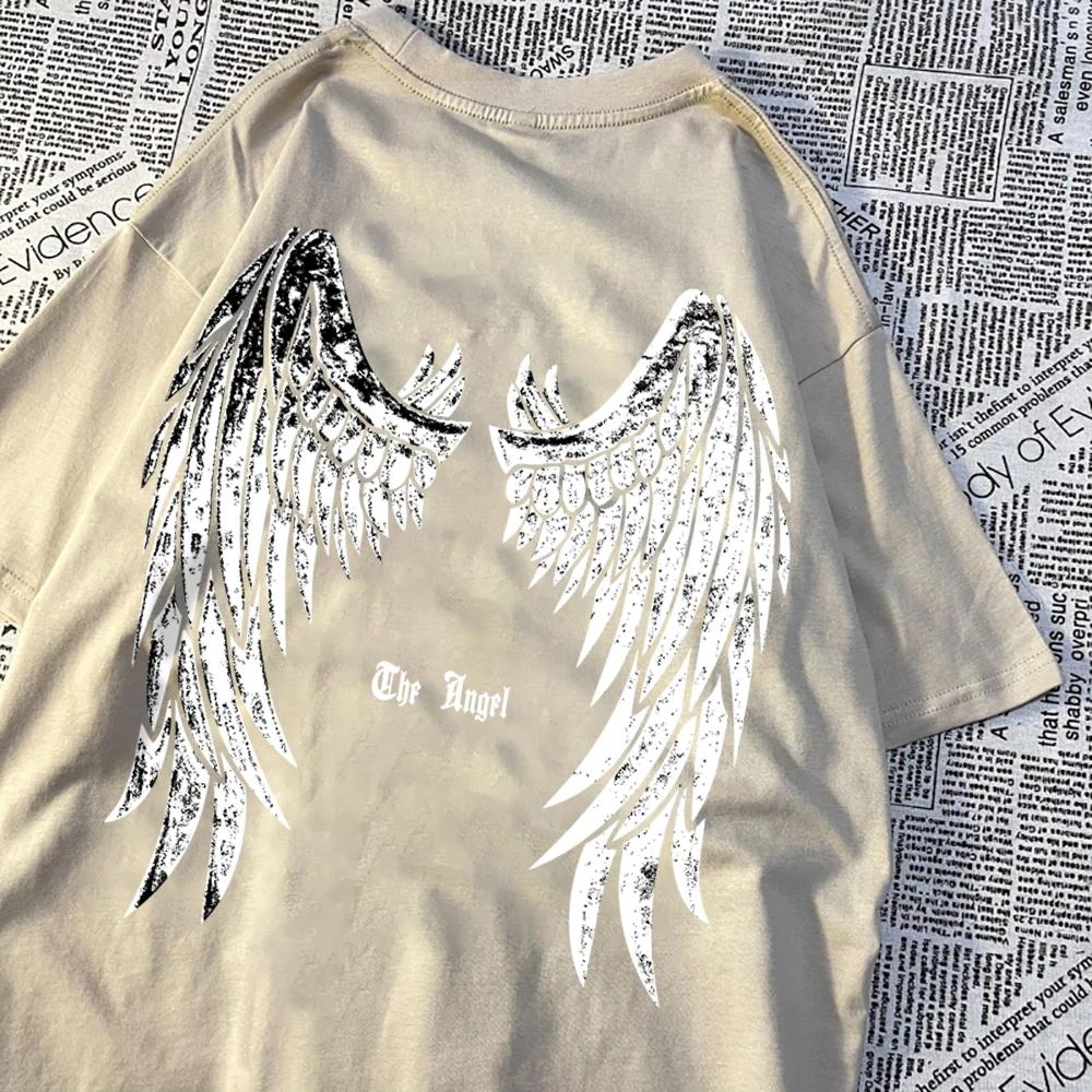 Футболка с изображением ангела с развернутыми крыльями для мужчин и женщин, футболка с рисунком, летняя хлопковая рубашка с коротким рукавом, винтажная футболка с круглым вырезом для пары
