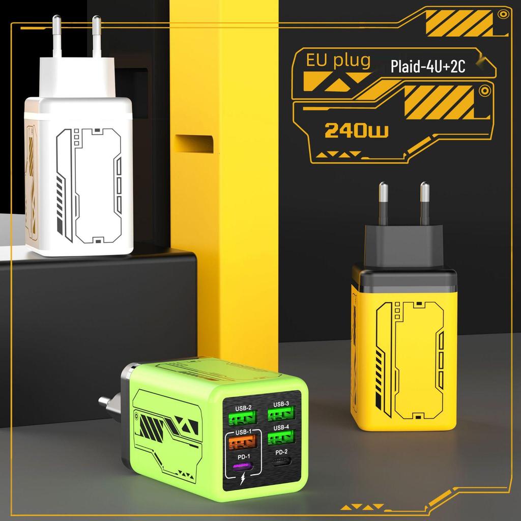 Быстрое зарядное устройство PD240W в стиле меха: 4 порта USB и 2 порта Type-C, Совместимость с устройствами Apple и Huawei