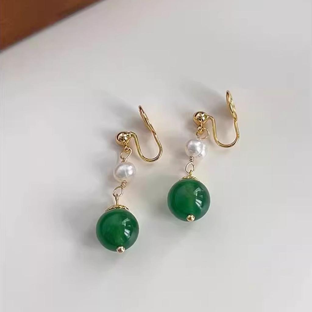 Natural Freshwater Pearl Green Agate Without Ear Holes, Ear Clips, Mosquito Coil Disc, Women's High Sense, New Chinese Niche Pendant Earrings 2026