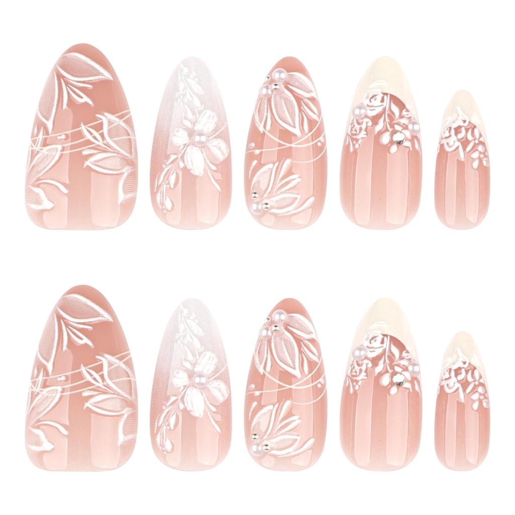 3D Fresh Gradient Wearable Almond Nails with Flash Diamonds & Flowers for Autumn/Winter Manicure