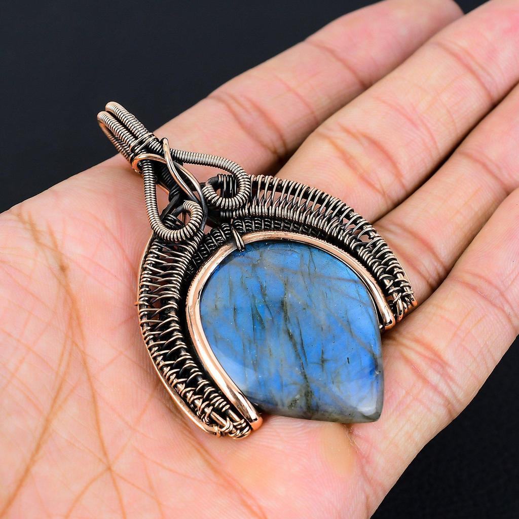 Labradorite Gemstone Pure Copper Wire Wrap Handmade Unique Jewelry Pendant