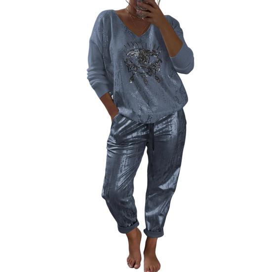 2 Pcs/Set Women T-shirt Pants Set Long Sleeves Bronzing Loose Glossy Top Elastic Waist Side Pockets Trousers Casual Sport Clothes Daily Outfit