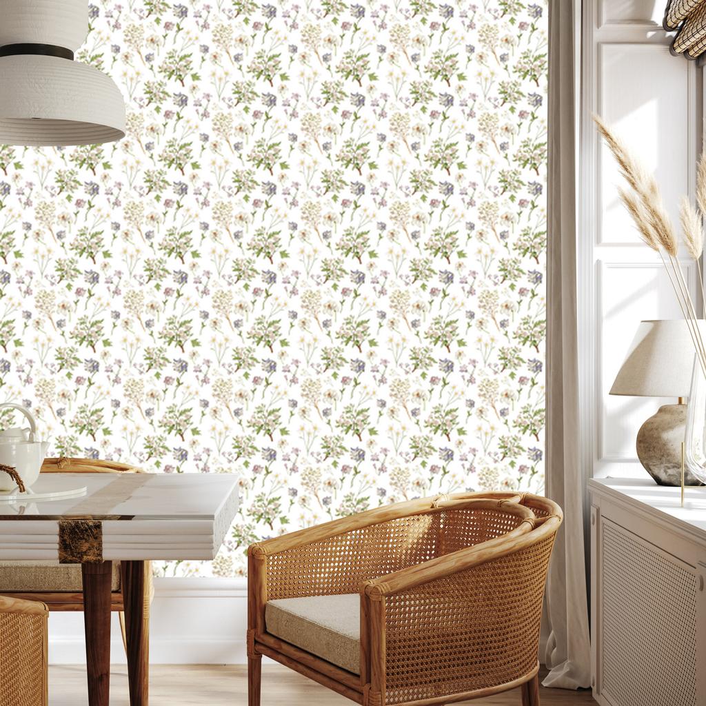 Wild Flowers Wallpaper White, Light Gray, Beige, and Cream 50x1000