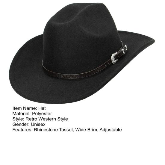 Шляпа ковбоя со стразами и кисточками, декорированная в стиле кантри, головной убор для вечеринок, фетровая шляпа с широкими полями, кепка ковбоя в стиле вестерн с пряжкой для вечеринок и фестивалей