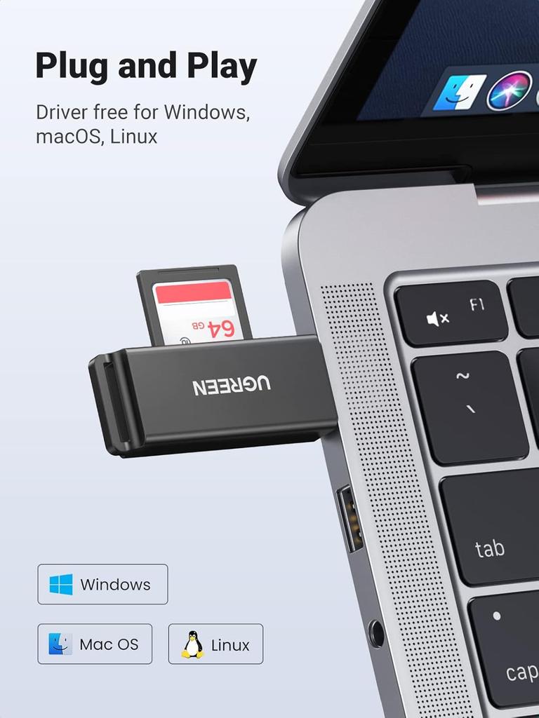 UGREEN Portable USB Type 3.0 Dual Slot SD Card Reader Supports SDXC/SDHC/MMC/RS-MMC/TF/MicroSDXC/MicroSDHC UHS-I External