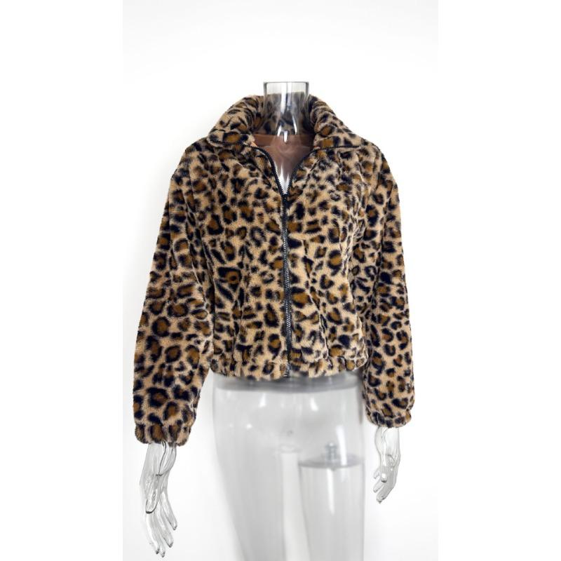 Women's Plus Size Autumn and Winter Loose Zipper Long Sleeve Leopard Print Plush Jacket