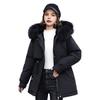 Winter Women Jacket Furry Hood Long Sleeves Drawstring Waist Pockets Zipper And Button Closure Windbreaker Mid Length Solid Color Windproof Warm Coat