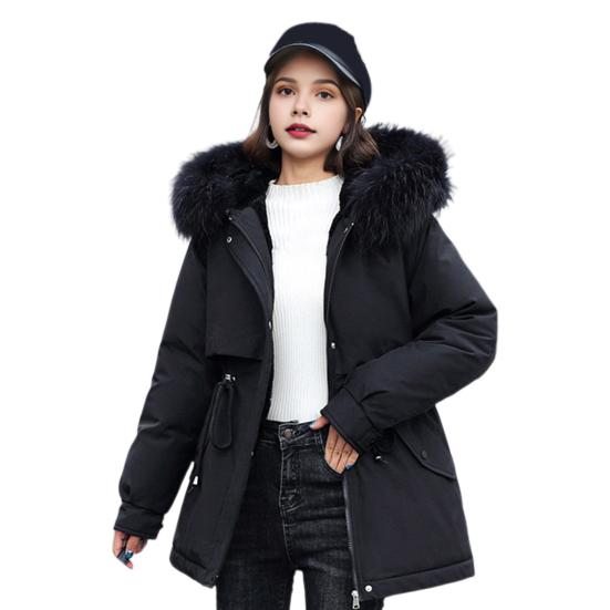 Winter Women Jacket Furry Hood Long Sleeves Drawstring Waist Pockets Zipper And Button Closure Windbreaker Mid Length Solid Color Windproof Warm Coat