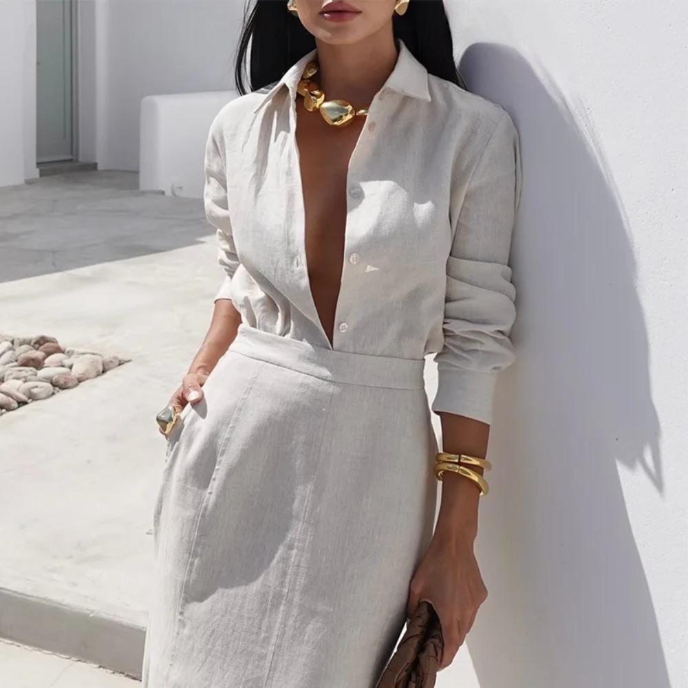 Элегантный наряд женский лацкан однобортная рубашка с длинным рукавом+юбка-полусолнце с завышенной талией и облегающего кроя женский комплект из двух предметов