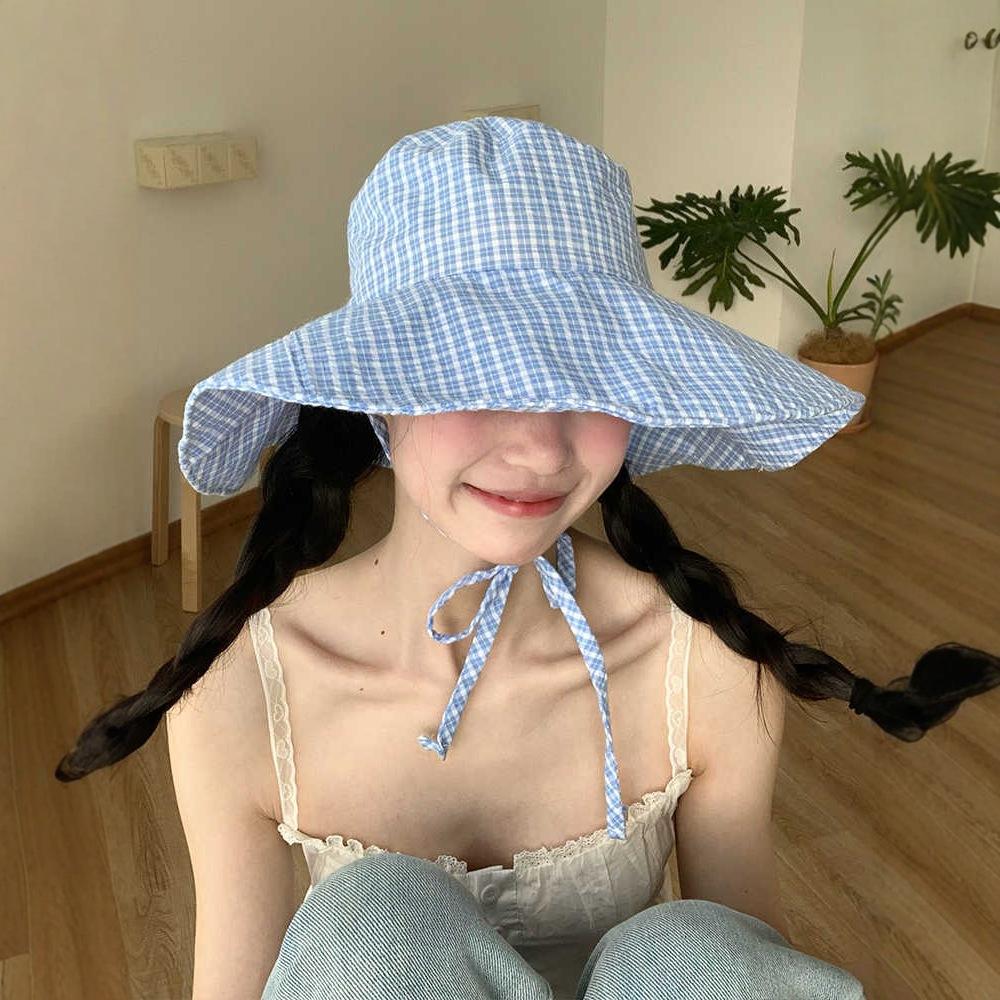 Korean blue plaid large brim fisherman's hat children's spring new UV protection outdoor sunscreen basin hat