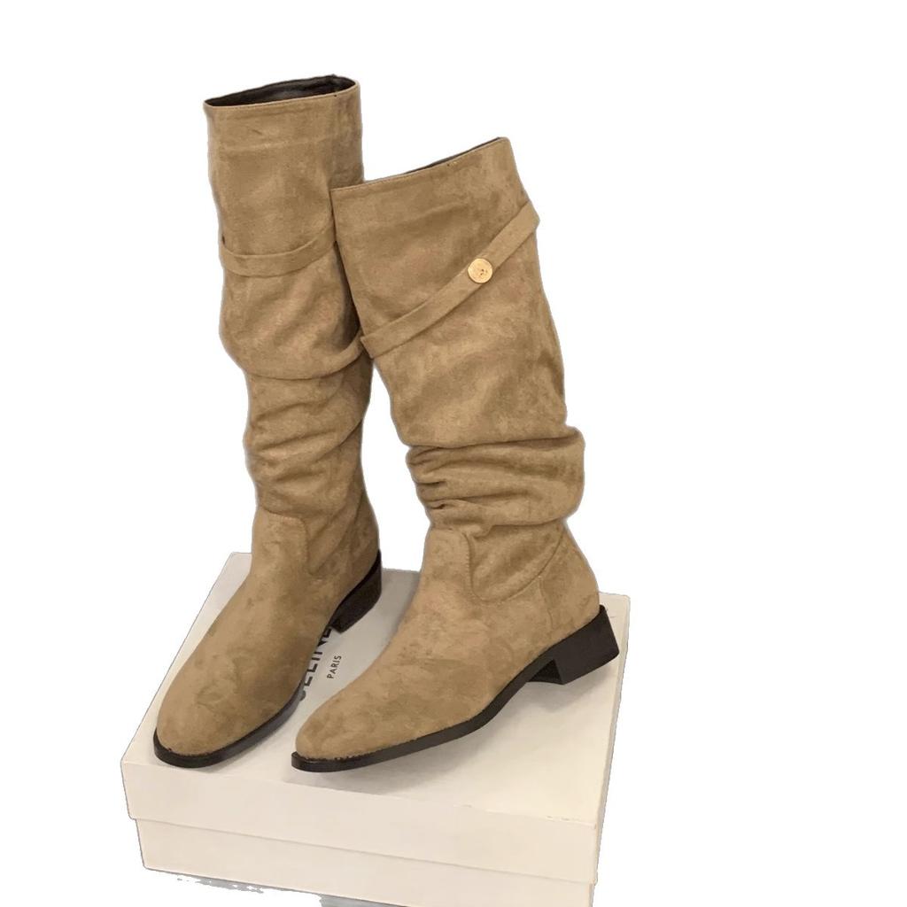 French Thick Heel Apricot Suede Piled Boots Women's 2025 New Autumn Versatile Thin Long Boots Do Not Drop the Tube