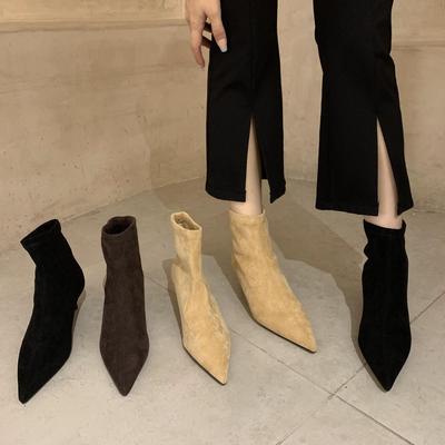 2024 осень-зима остроносые тонкие эластичные сапоги тонкие сапоги средние сапоги матовые высокие каблуки бархатные короткие сапоги для пригородных поездок женские
