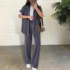 Women's Two Piece Outfit Casual Full Zip-up Short Sleeve Shirt And Wide Leg Pants Set Casual Lounge Tracksuit