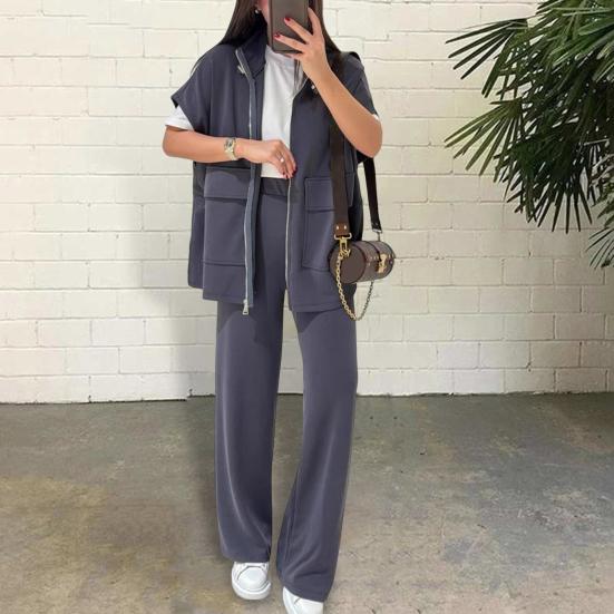 Women's Two Piece Outfit Casual Full Zip-up Short Sleeve Shirt And Wide Leg Pants Set Casual Lounge Tracksuit