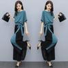 Summer Temperament Wide Leg Pants Suit Bow Short Sleeve Fashion Two Piece Suit for Women