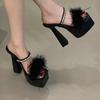 Fashion Sexy Slippers Women Rhinestone Fluffy Feather Sandals Platform Chunky High Heels Party Nightclub Ladies Mules Shoes
