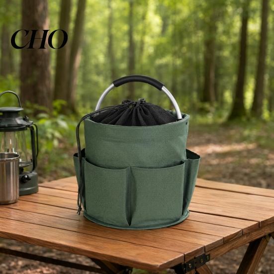 Foldable Cleaning Tools Pouch Storage Bag with Handle & Drawstring, Waterproof Oxford Cloth Multi-Pockets, Large Organizer Basket for Outdoor Camping