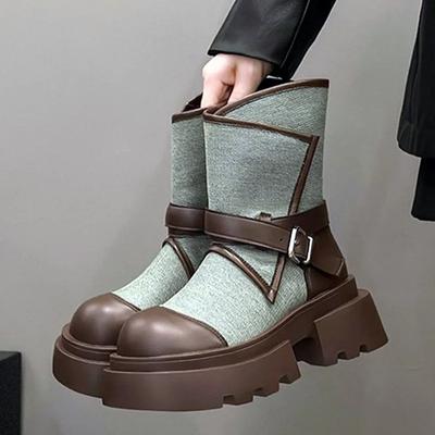 Мода 2025 года, модные ботильоны из денима и кожи в стиле пэчворк, женские дышащие ботинки на платформе, роскошные ботинки с пряжкой на ремне и боковой молнией