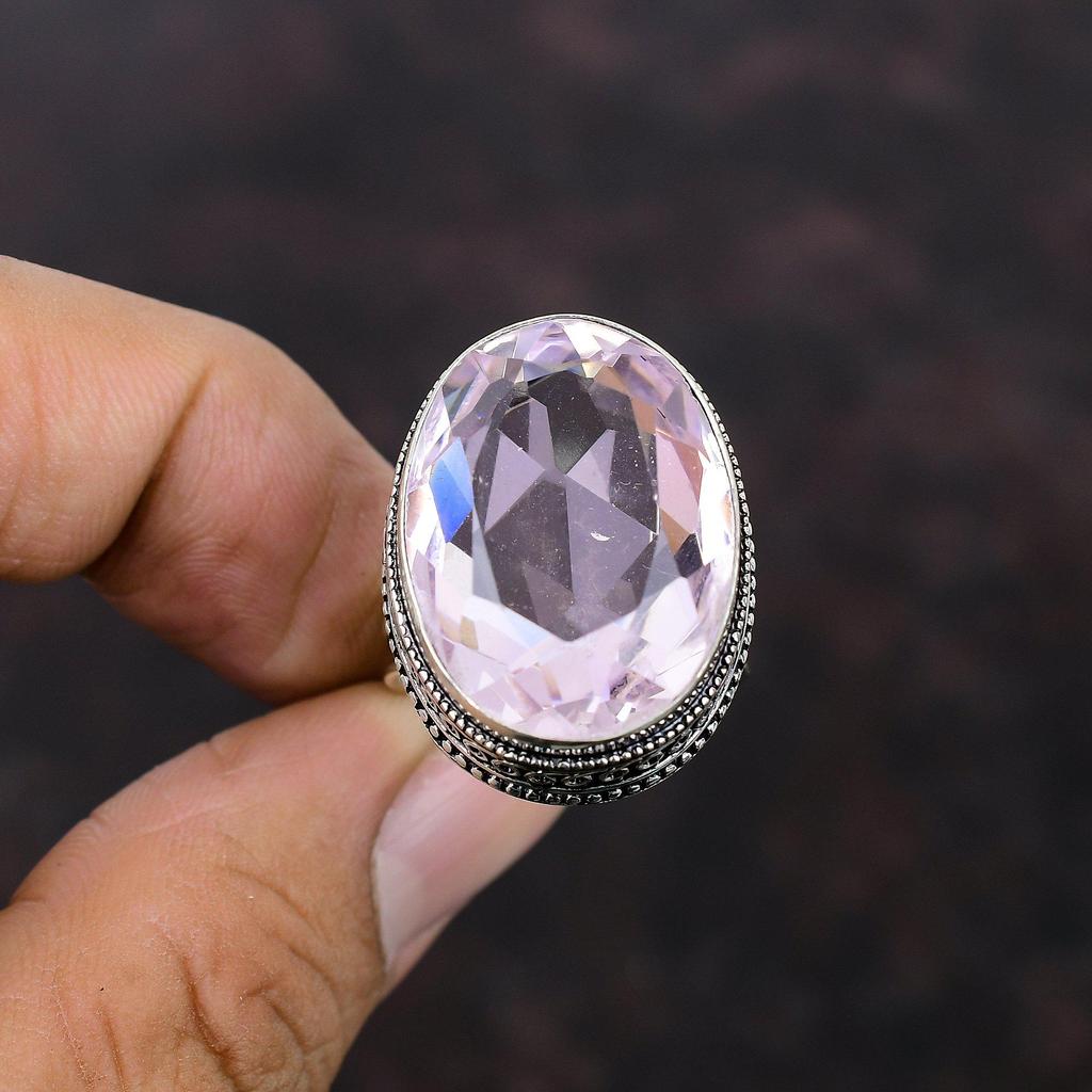 Граненое розовое кольцо с кунцитом, винтажное кольцо с драгоценными камнями, серебряное кольцо 925 пробы, изящное кольцо, серебряные украшения для подарка