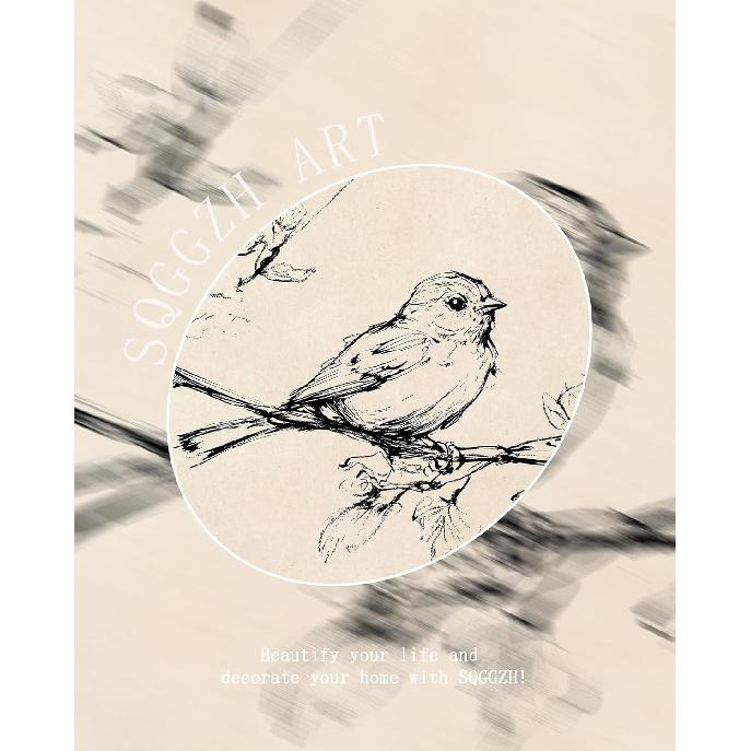 Vintage Bird on Tree Branch Sketch Wall Art Decor Minimalist Drawing Canvas Prints Wall Decor Neutral Line Art Farmhouse Style Wall Decor for Gallery