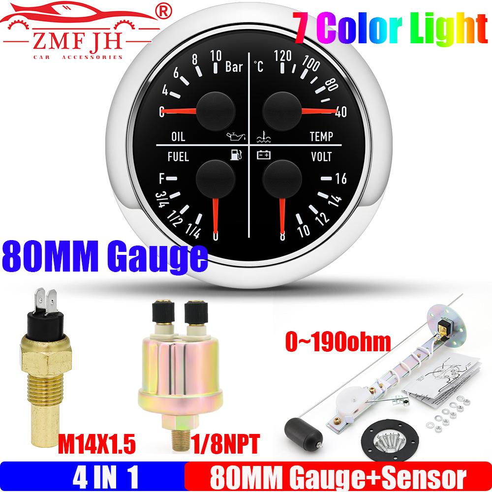ZMFJH 7 Color LED 80MM Gauge Multifunctional Water Temp+Oil Pressure+Fuel Level Gauge+Voltage with 0-190ohm Oil Float Sensor 12V