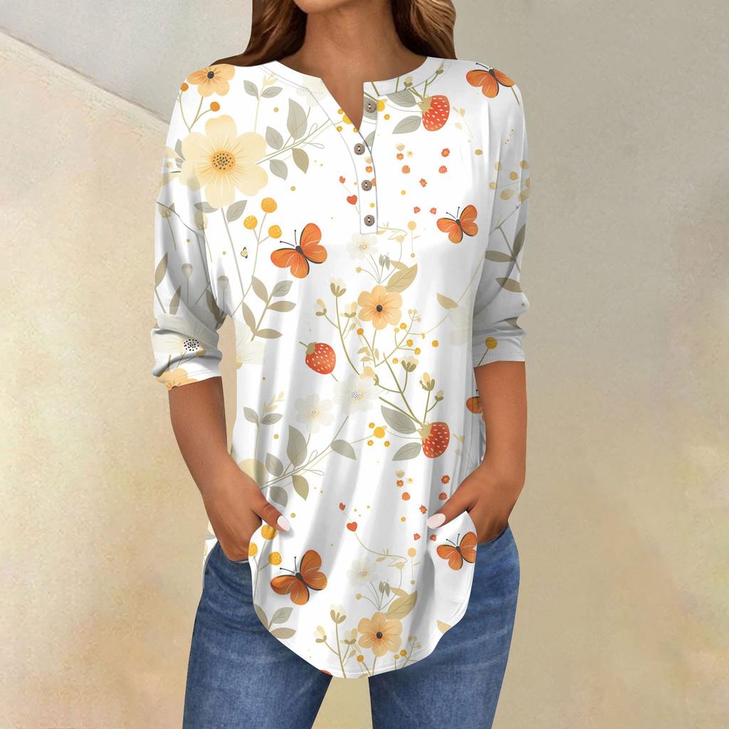 3/4 Length Sleeve Womens Tops Summer T-Shirts Floral Print V Neck Casual Basic Tee Button Shirts Tunic Tops
