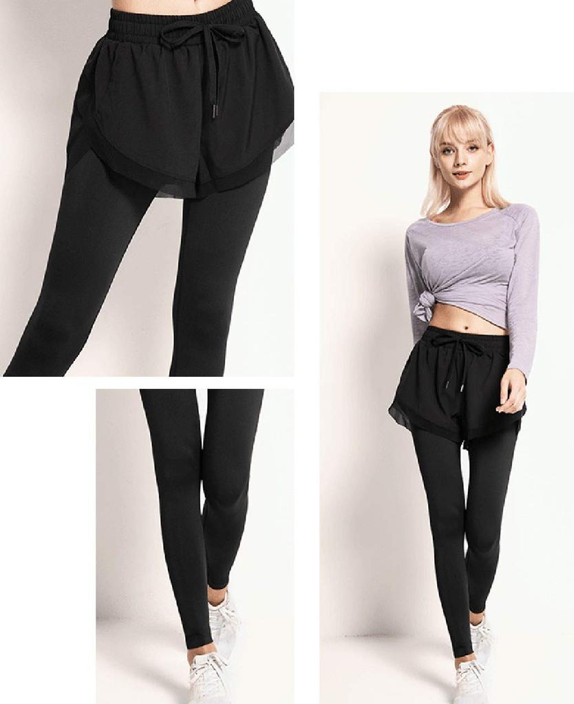 Teddy Yoga Pants with Shorts and Yoga061 Women's Leggings, Lightweight, Fitness, Sportswear, Sweat-Wicking, Quick-Drying, (Black, M)