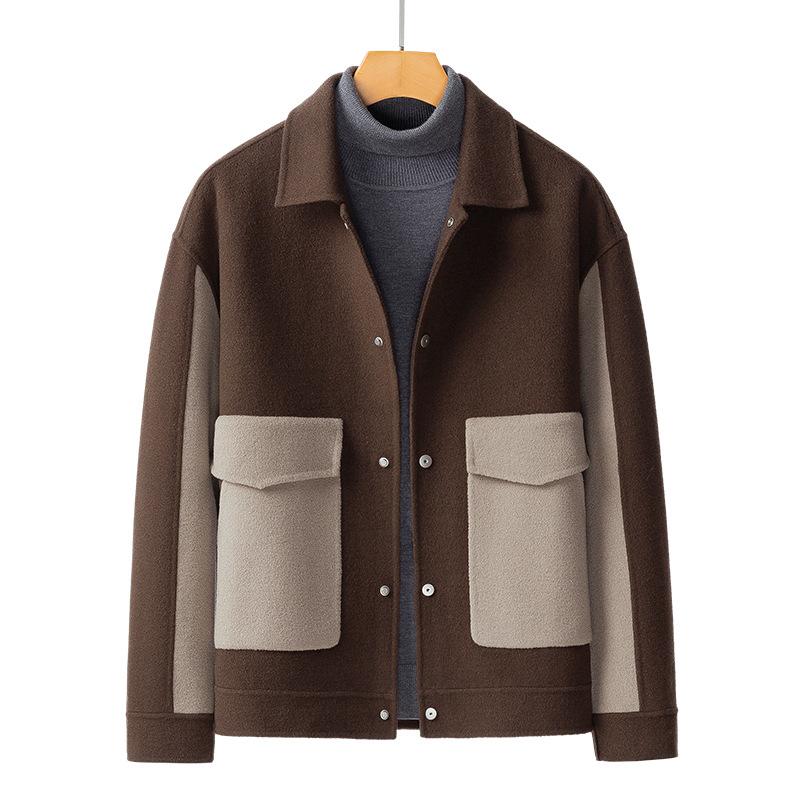Контрастное шерстяное пальто, короткая осенне-зимняя утолщенная кашемировая двусторонняя шерстяная куртка, мужской топ