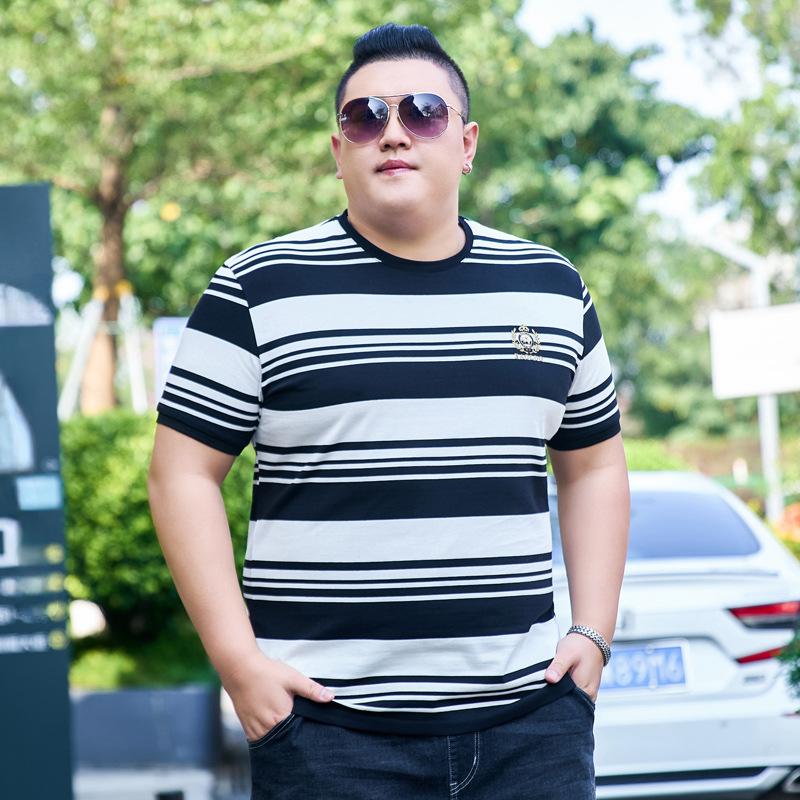 Толстая мужская футболка больших размеров с круглым вырезом и половиной рукавов, тонкая трендовая полосатая футболка с половиной рукавов, хлопковая летняя тонкая рубашка