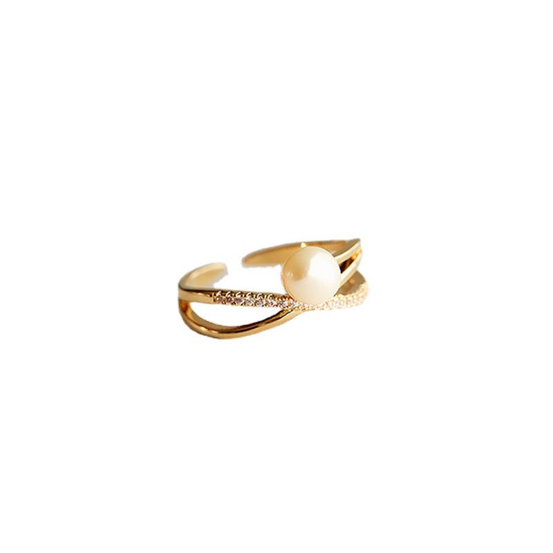 Trendy Women's Pearl Index Finger Ring - Fashionable, Electroplated 18K Gold, Multi-Layer Design