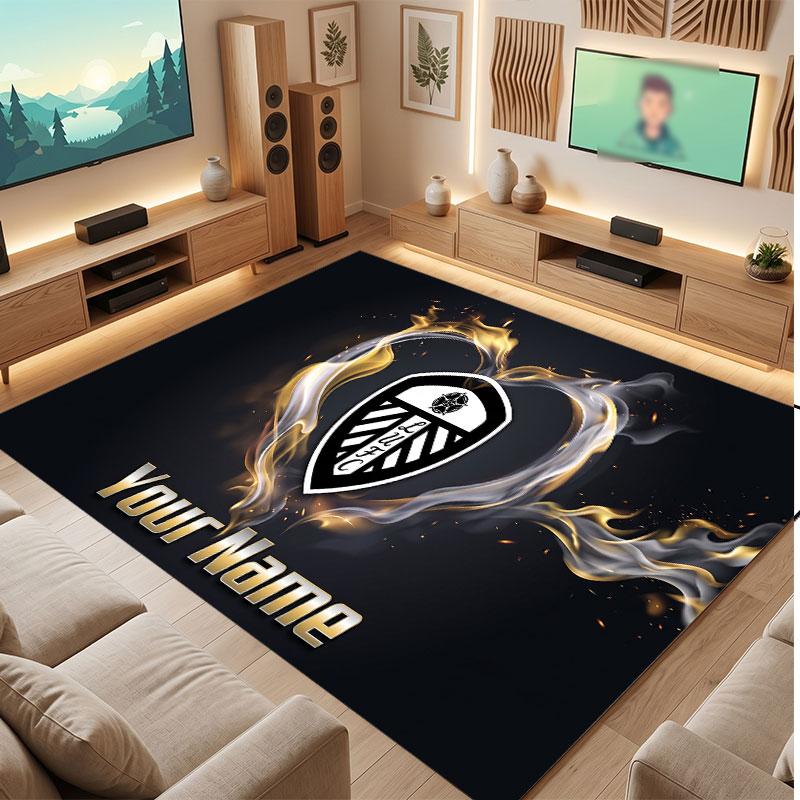 Leeds United Custom Crystal Velvet Rug, Personalized Name Text Print, Football Logo Soft Non‑Slip Floor Mat Home Decor Gift