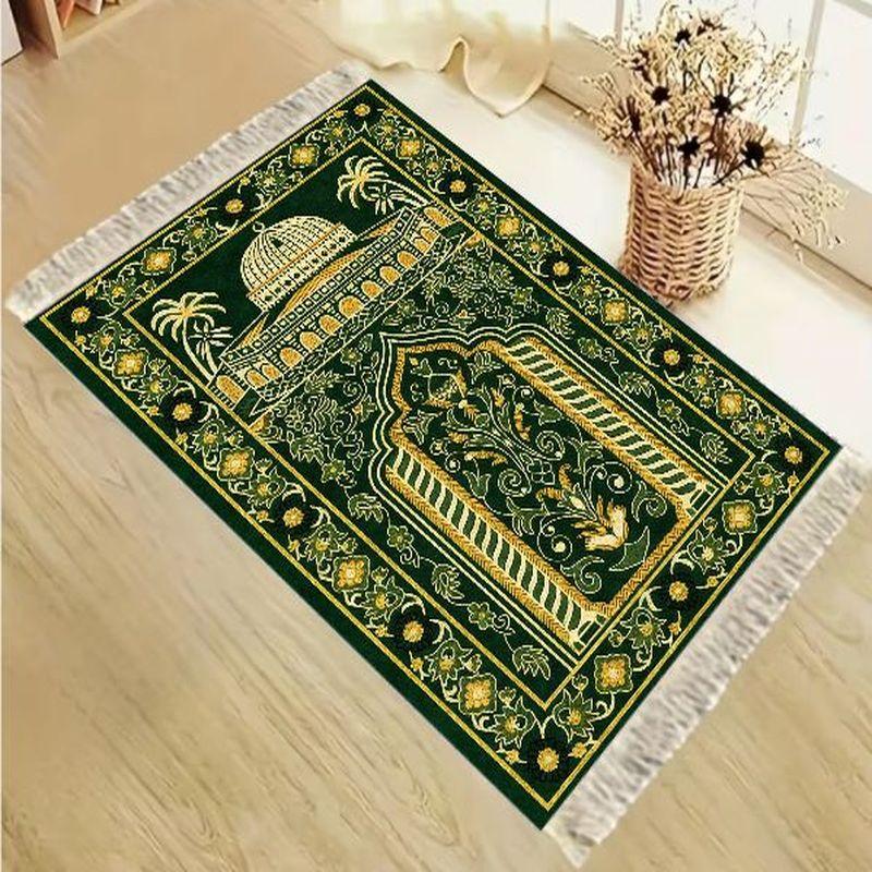 Velvet Muslim Prayer Rug Al Aqsa Mosque Pattern Dark Green Golden Floral Anti Slip Portable Salat Mat Home Eid Gift