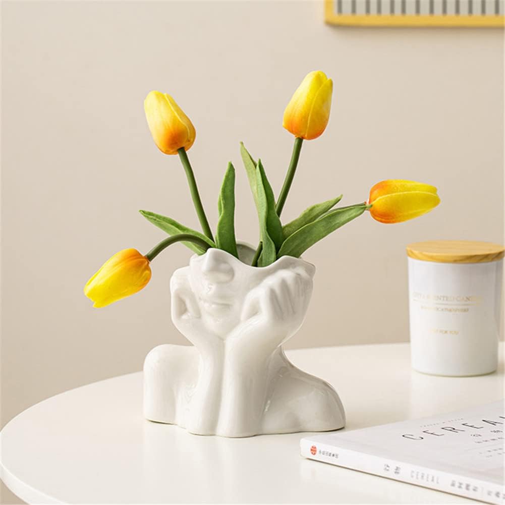 White Ceramic Face Vase, Female Form Head Half Body Bust Vases Boho Feminist Minimalism Decorative Modern Nordic Style Flower Vase for Home Living