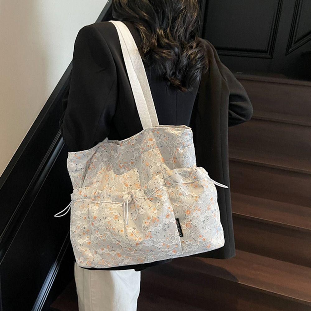 Sweet Harajuku Aesthetic Handbag Large Capacity Korean Style Floral Tote Bag Cloth Underarm Drawstring Shoulder Bag Streetwear