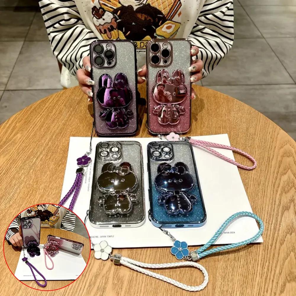 Роскошный блестящий чехол для телефона-зеркала с кроликом для Honor X6 X6S X7 X7A X8 X8A X8C 4G X8B X9 X9A, веревка для руки с четырехлистным клевером