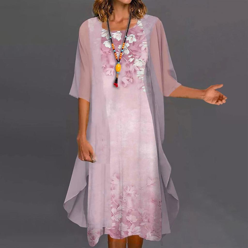 Женское повседневное модное платье с круглым вырезом средней длины и длиной из двух частей