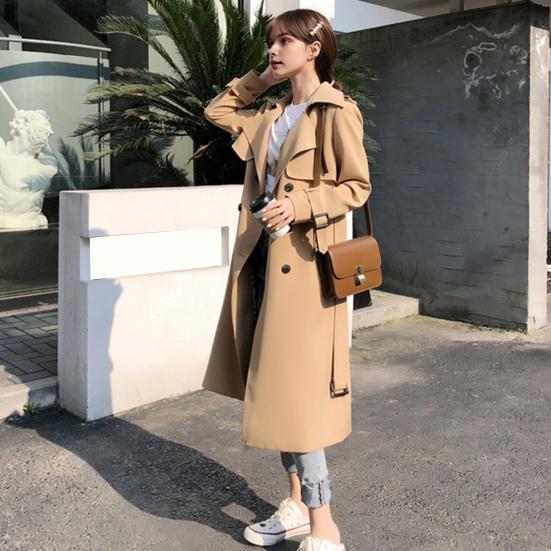 Women's Trench Coat Double-Breasted Classic Lapel Overcoat Windproof Long Belted Jacket Fall Outerwear with Pockets