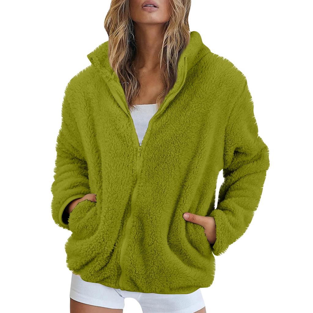 Women's Solid Color Fashionable Winter Loose High Neck Long Fleece Plush Warm Zipper Jacket