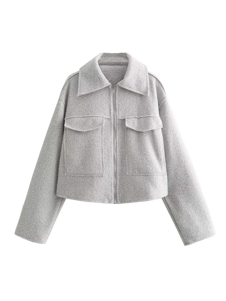 Autumn New Product Women's Fashion and Casual Versatile Polo Collar Long Sleeve Zipper Short Jacket Coat